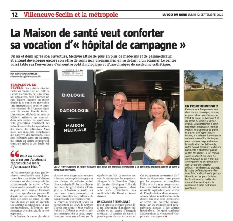 Article de La Voix du Nord sur la Maison de Santé Medivie à Templeuve-en-Pévèle